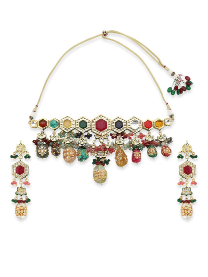 Gold-Polished Multicolored Kundan-Studded Beaded Jewellery Set - Ruby Raang