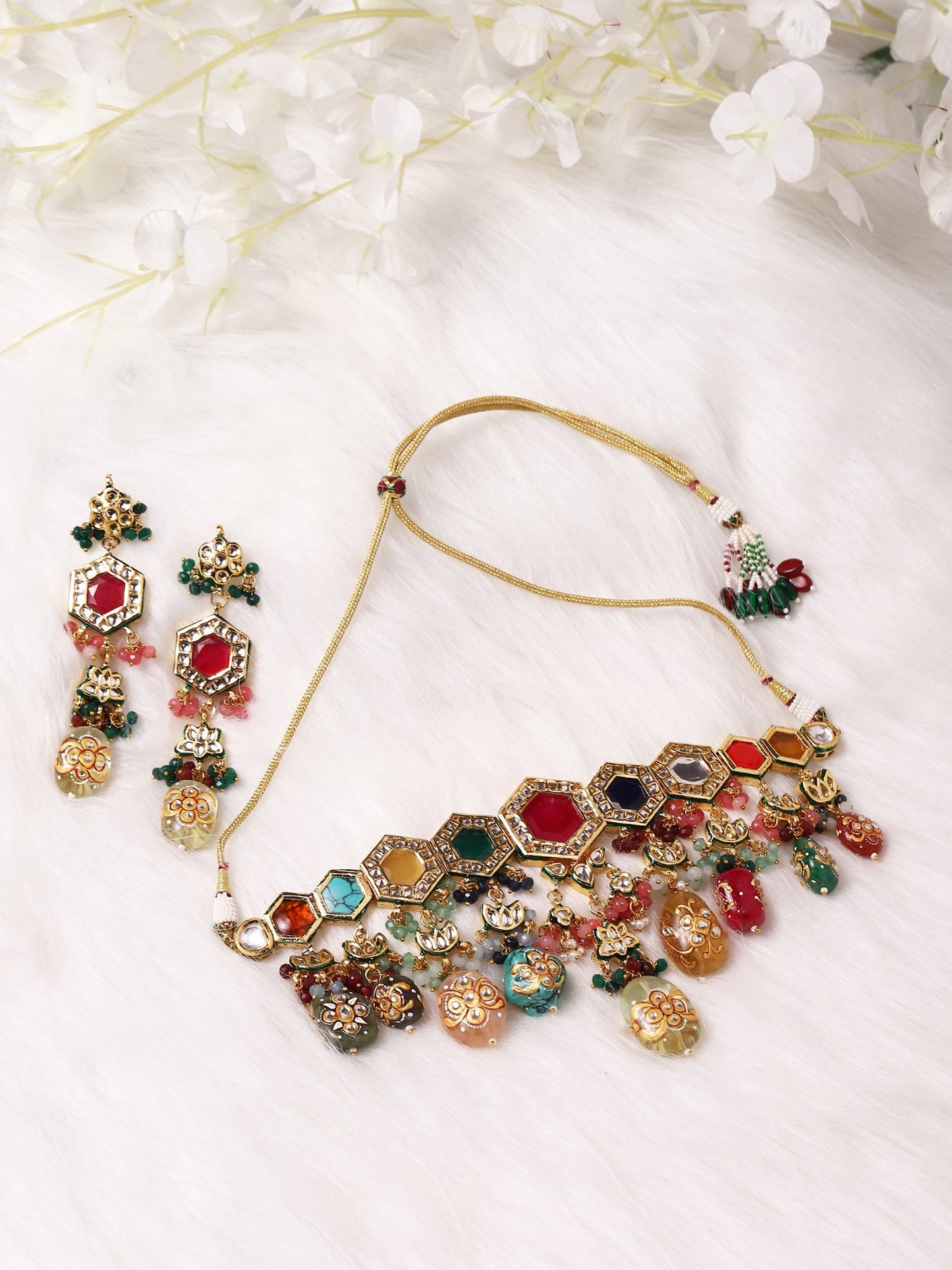 Gold-Polished Multicolored Kundan-Studded Beaded Jewellery Set - Ruby Raang