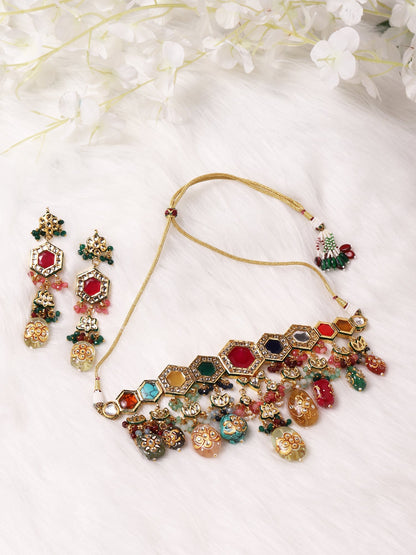 Gold-Polished Multicolored Kundan-Studded Beaded Jewellery Set - Ruby Raang