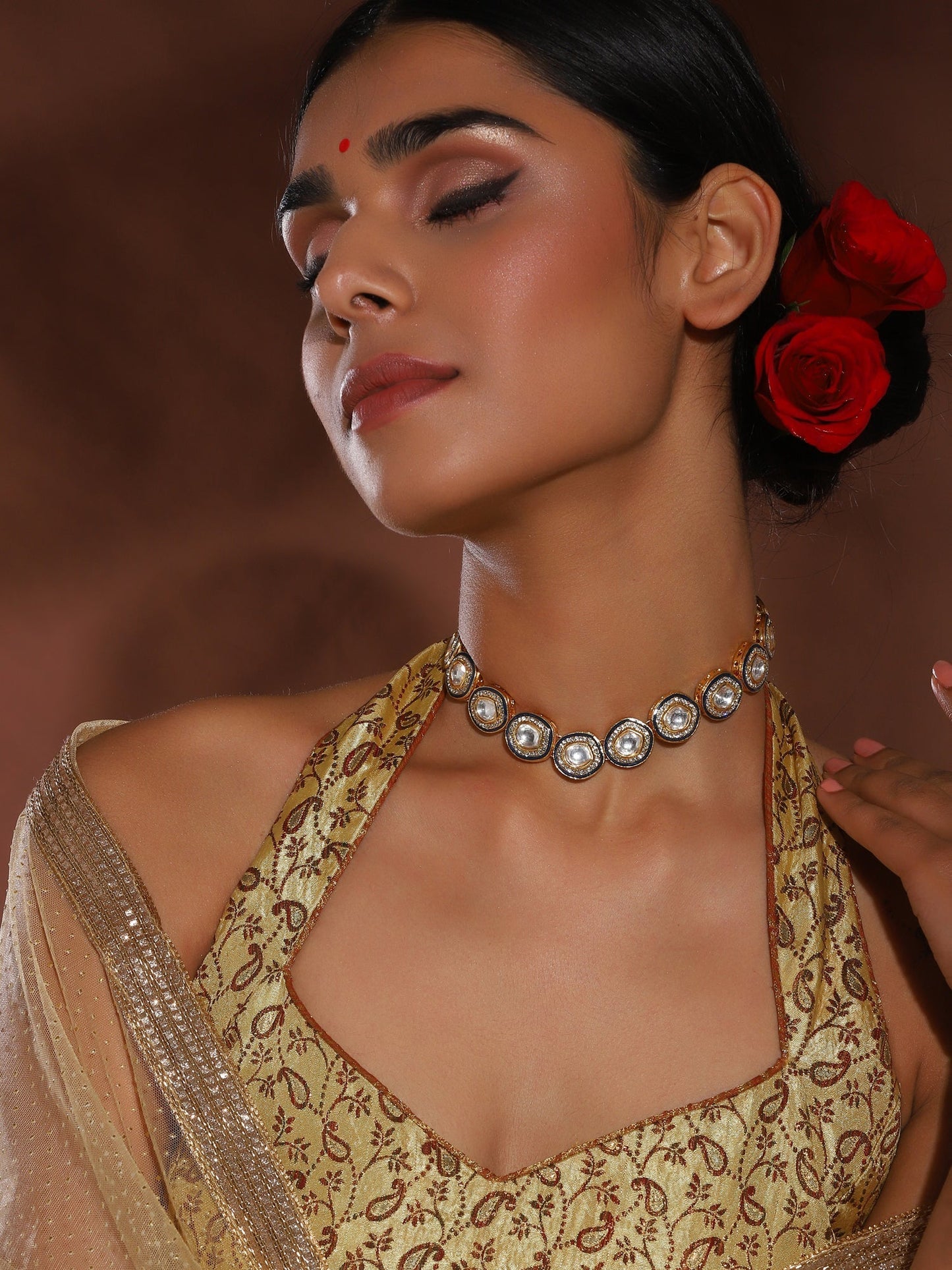 Gold-Toned Green Brass Rhodium-Plated Kundan Necklace - Ruby Raang