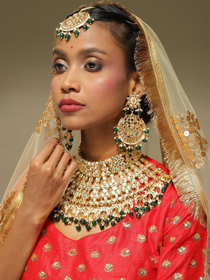 Gold-Polished Gold Kundan Studded Maharani Jewellery Set - Ruby Raang