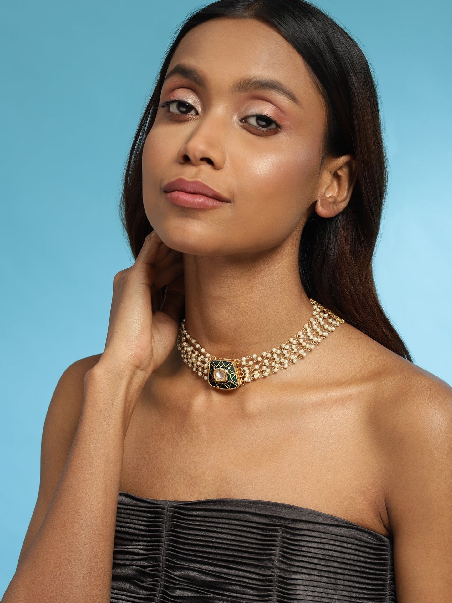 Gold-Polished White Green Brass Kundan Pearls Choker Necklace - Ruby Raang