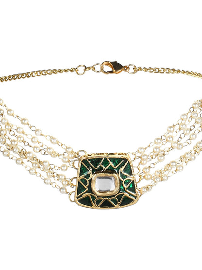Gold-Polished White Green Brass Kundan Pearls Choker Necklace - Ruby Raang