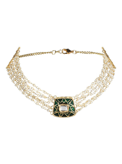 Gold-Polished White Green Brass Kundan Pearls Choker Necklace - Ruby Raang
