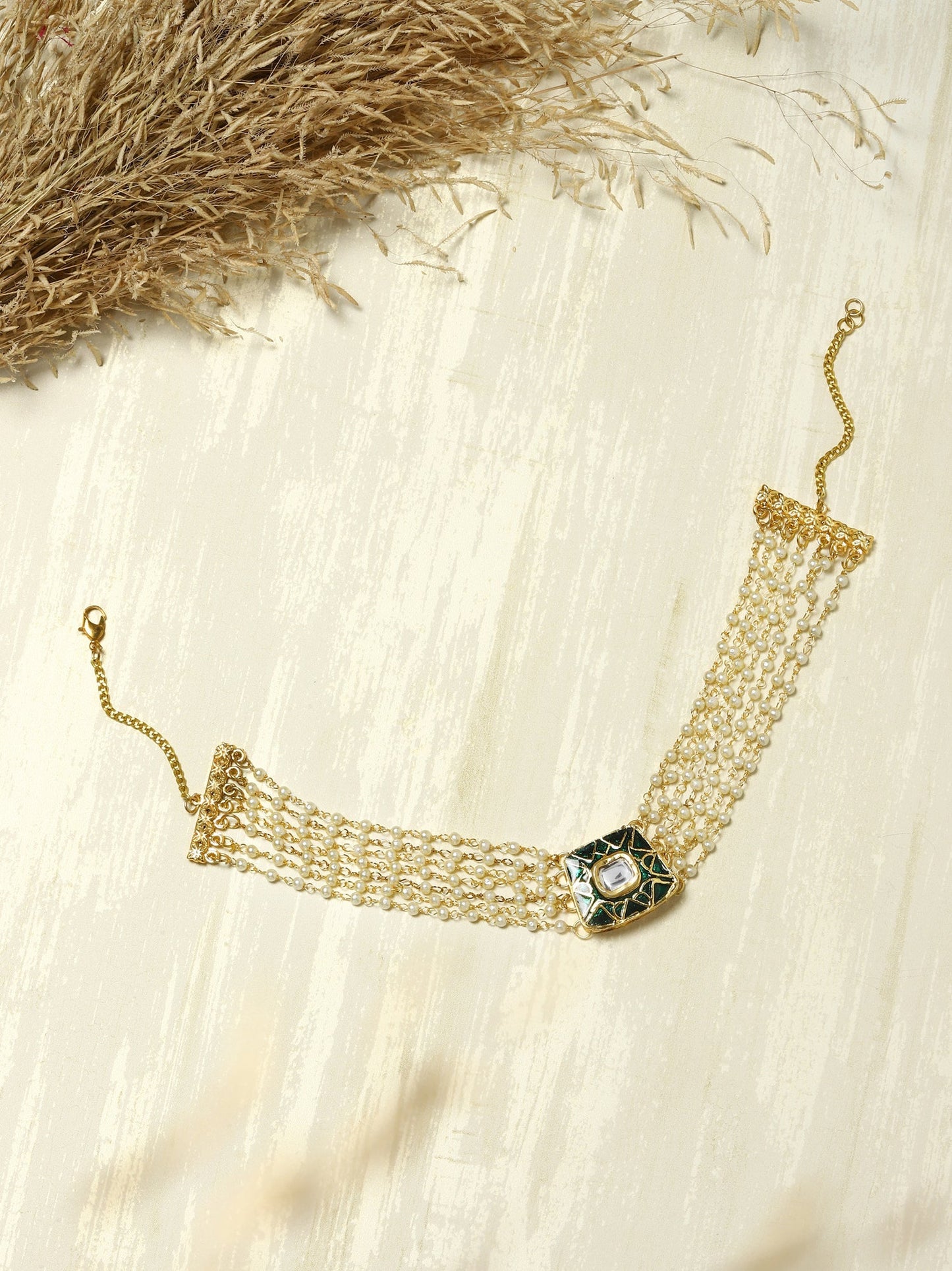 Gold-Polished White Green Brass Kundan Pearls Choker Necklace - Ruby Raang