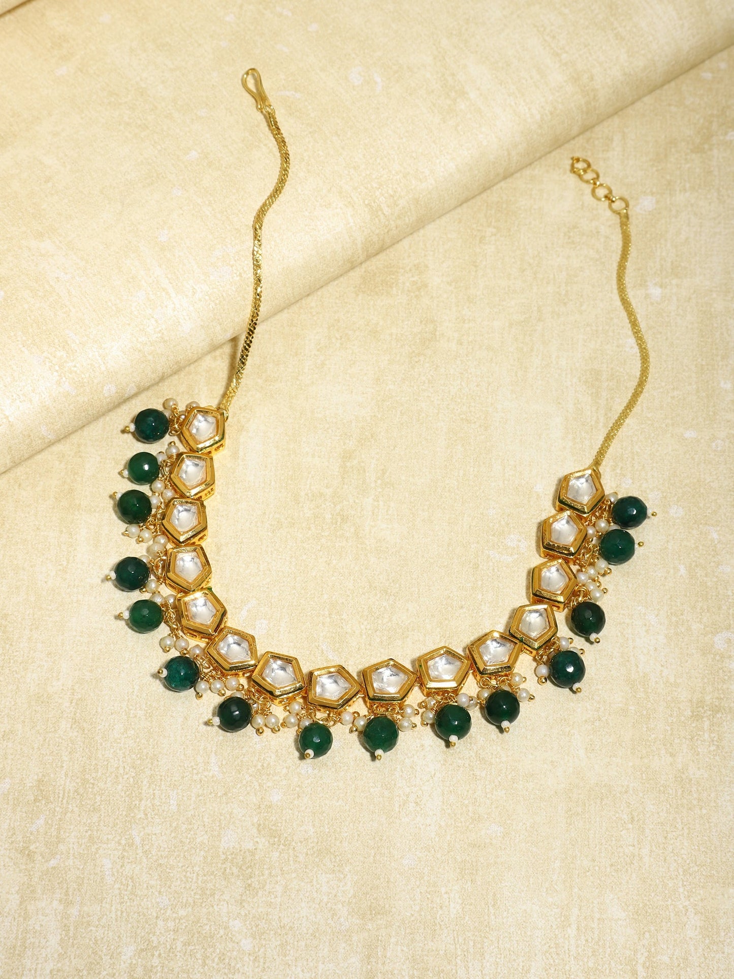 Gold-Polished White Greeb Brass Kundan Pearls Necklace - Ruby Raang
