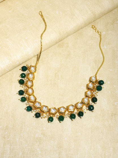 Gold-Polished White Greeb Brass Kundan Pearls Necklace - Ruby Raang