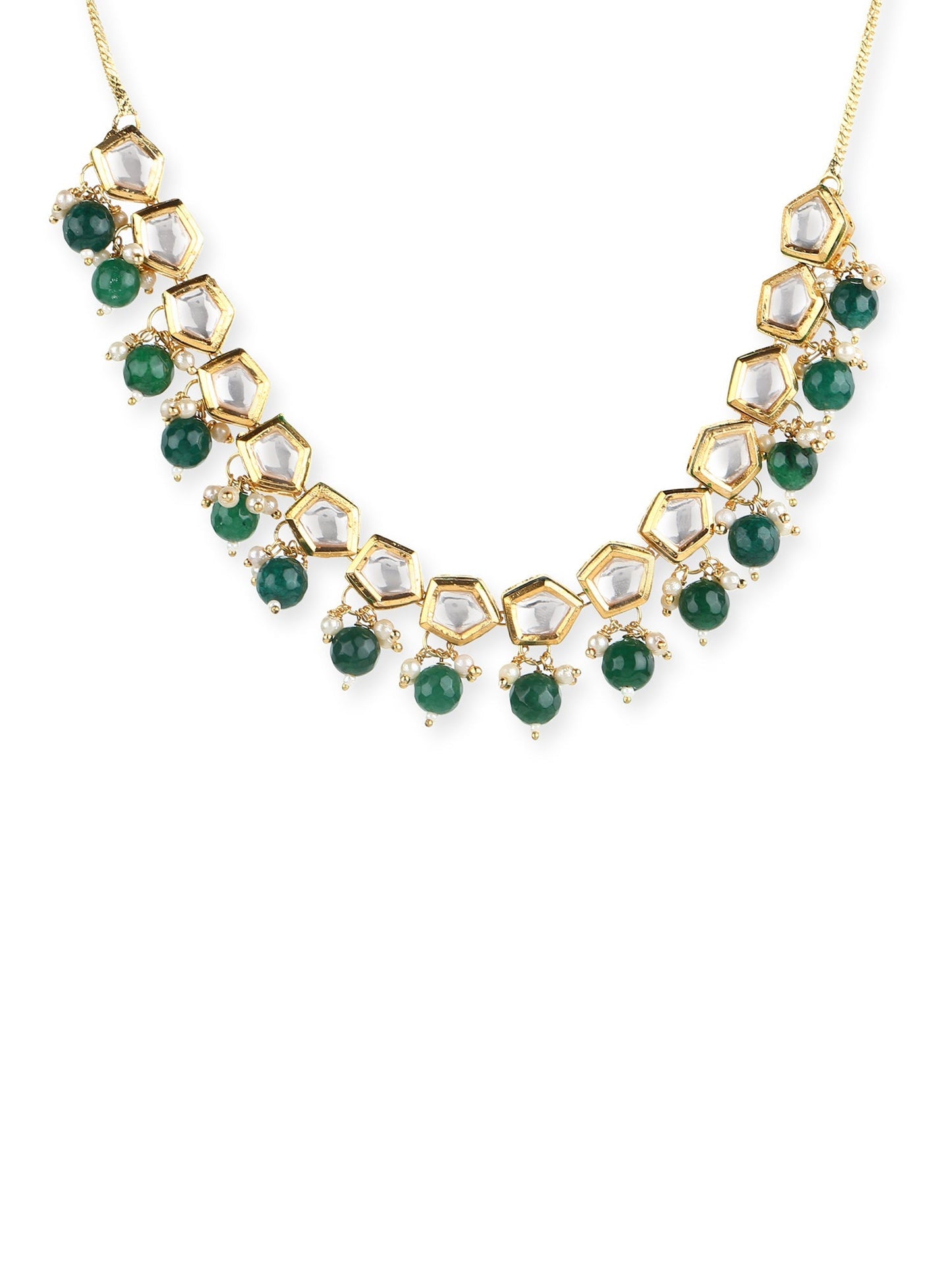Gold-Polished White Greeb Brass Kundan Pearls Necklace - Ruby Raang