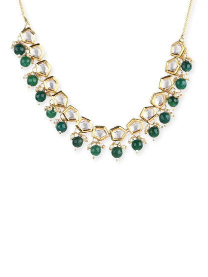 Gold-Polished White Greeb Brass Kundan Pearls Necklace - Ruby Raang