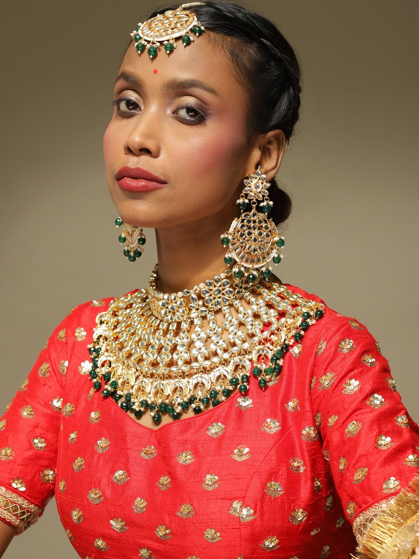 Gold-Polished Gold Kundan Studded Maharani Jewellery Set - Ruby Raang
