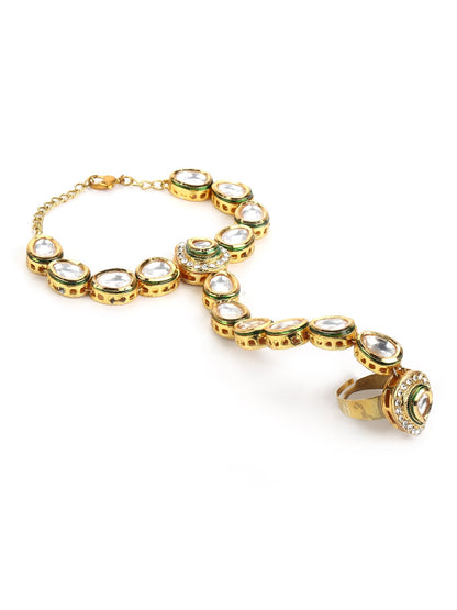 Women's Gold-Polished White Green Brass Kundan Ring Bracelet - Ruby Raang