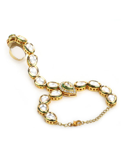 Women's Gold-Polished White Green Brass Kundan Ring Bracelet - Ruby Raang