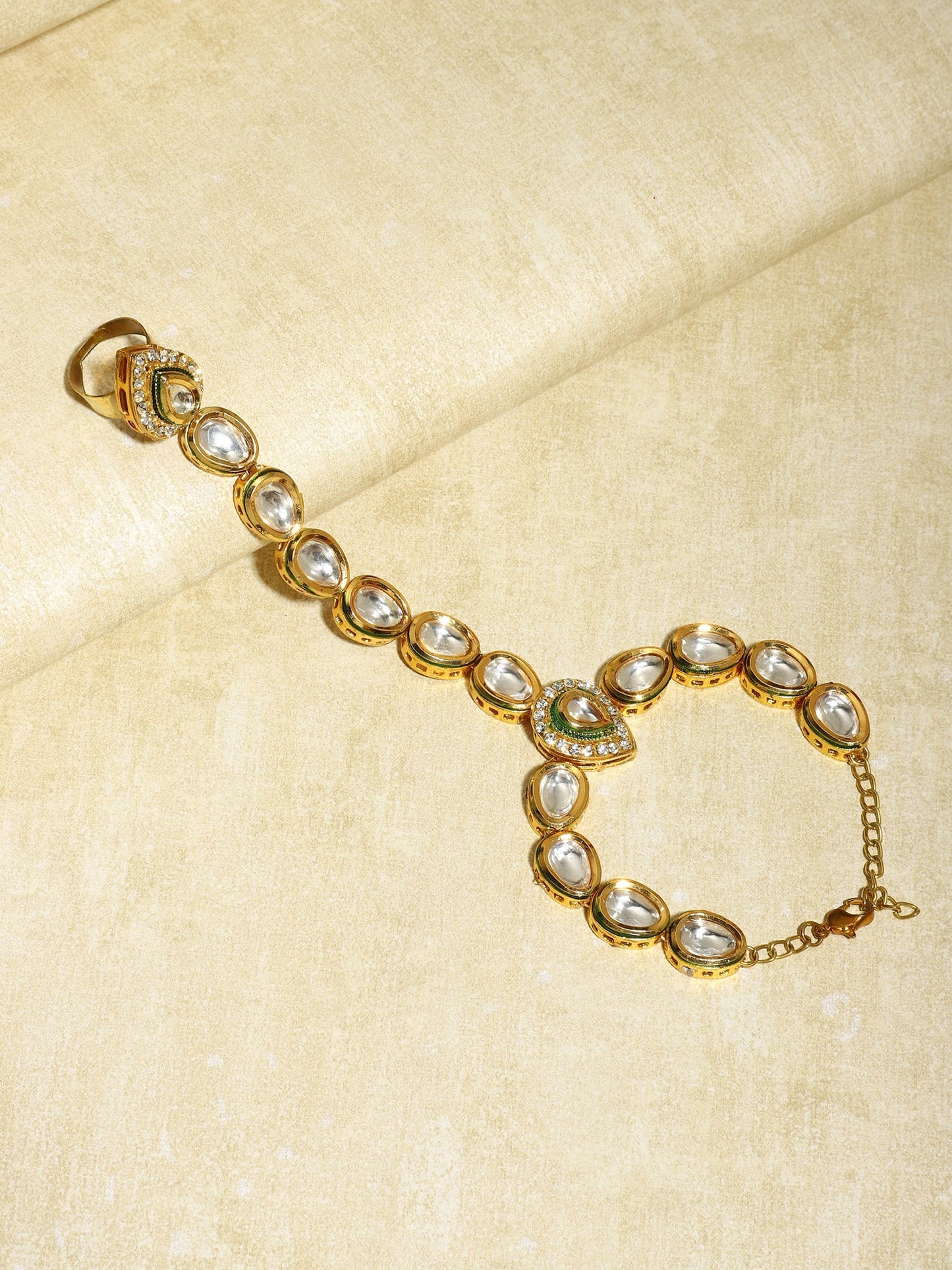 Women's Gold-Polished White Green Brass Kundan Ring Bracelet - Ruby Raang