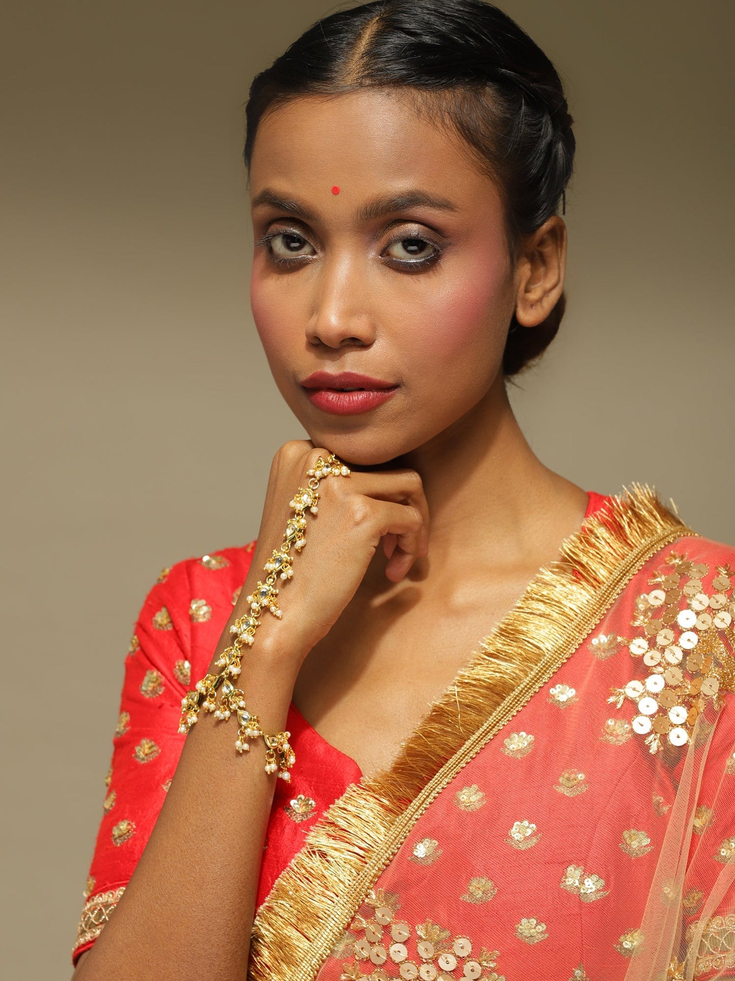 Women's Gold-Polished White Brass Kundan Bangle-Style Bracelet - Ruby Raang