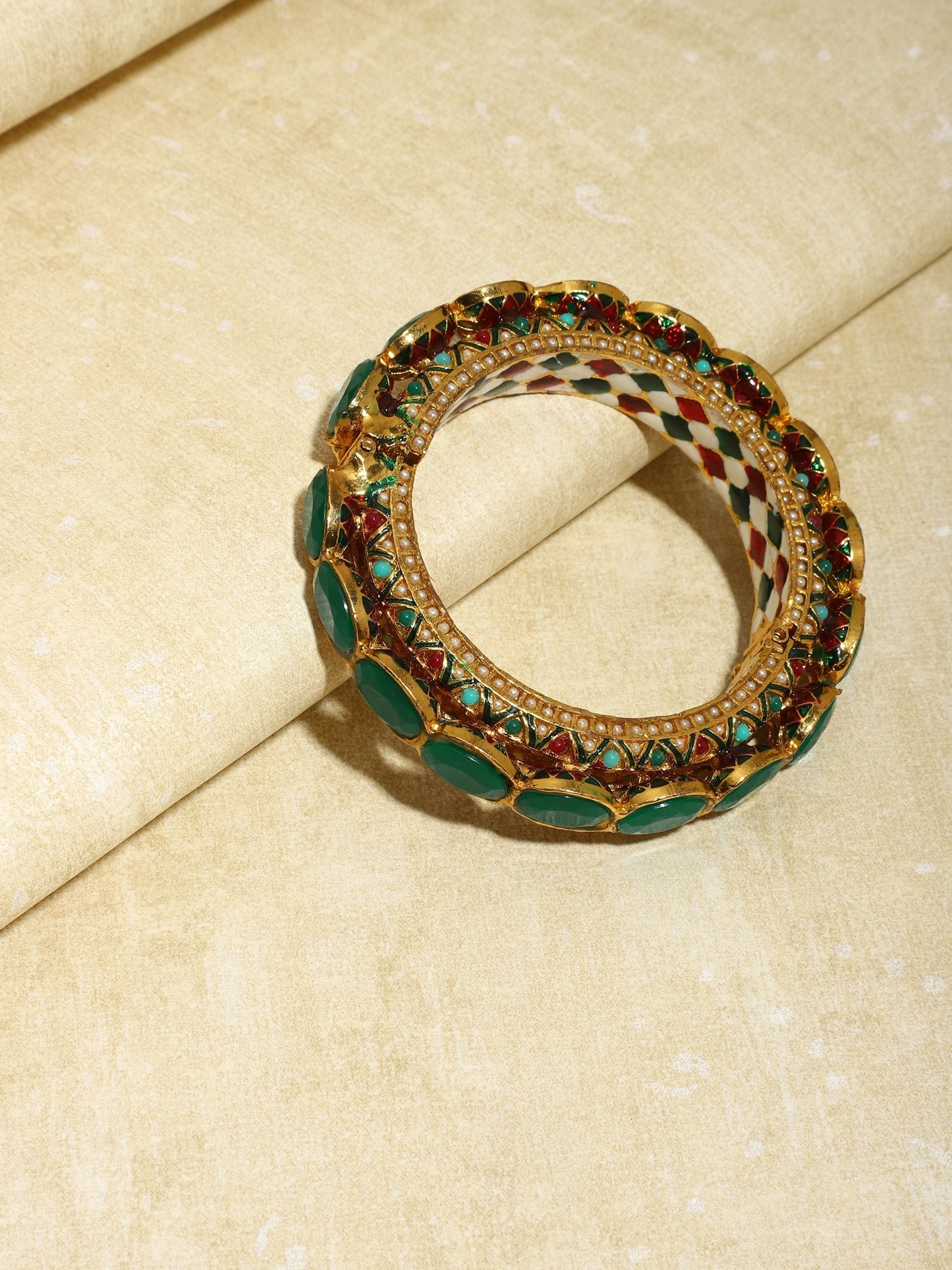 Gold-Polished Kundan Meenakari Bangle - Ruby Raang