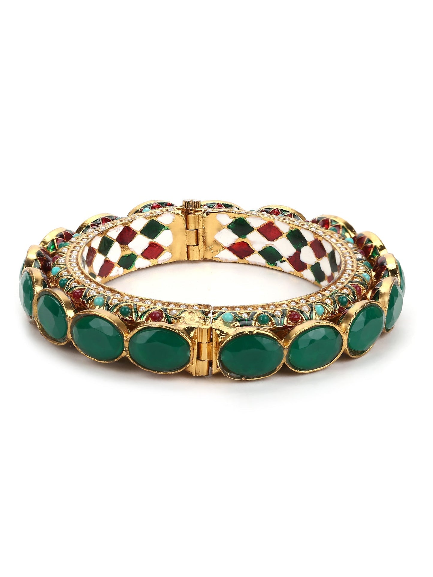 Gold-Polished Kundan Meenakari Bangle - Ruby Raang