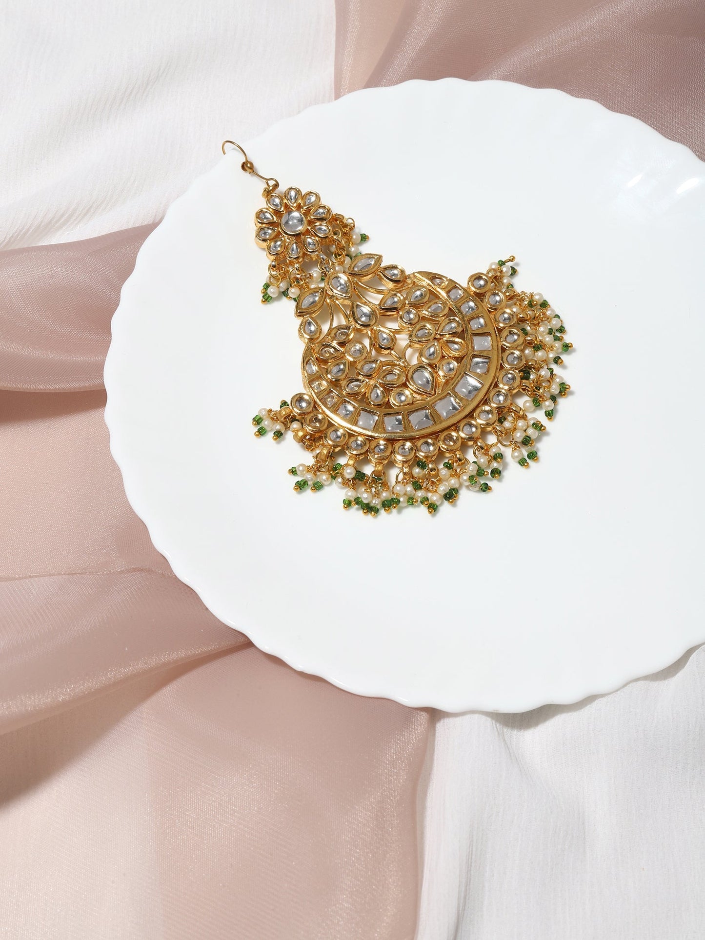 Gold-Polished Kundan Studded Maang Tikka Jhoomar - Ruby Raang
