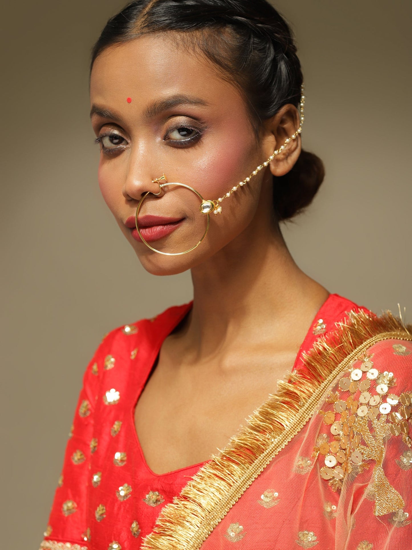 Women's Gold-Toned White Kundan Nose Ring - Ruby Raang