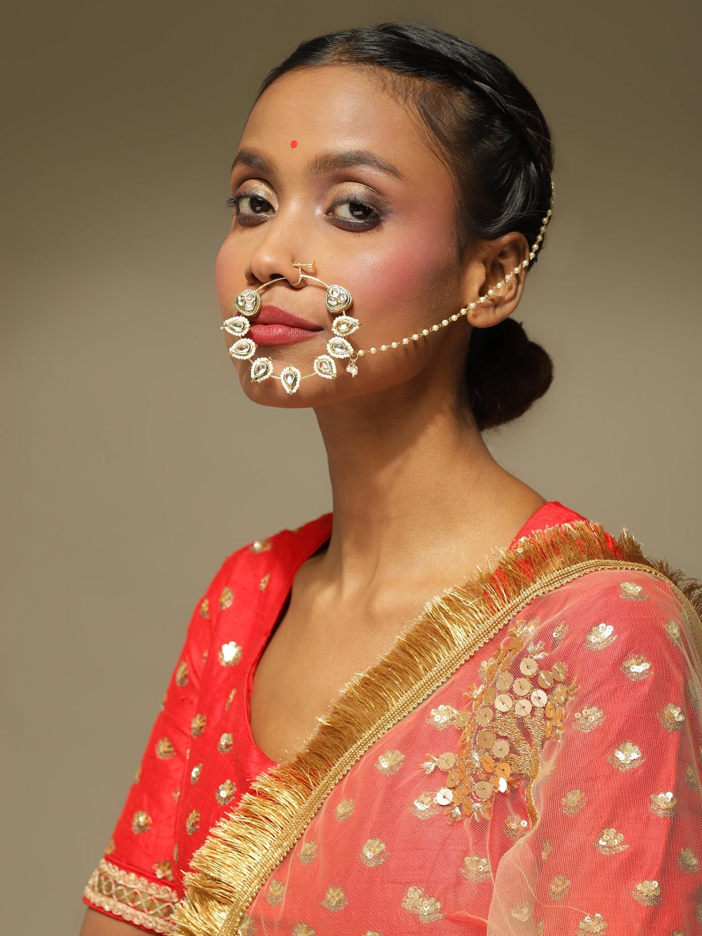 White Gold-Toned Plated Kundan Vilandi Chained Nose Ring - Ruby Raang