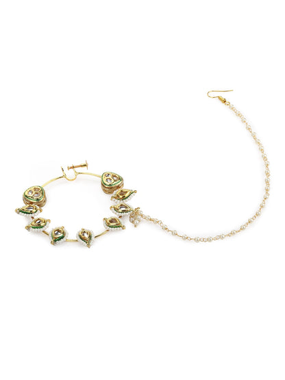 White Gold-Toned Plated Kundan Vilandi Chained Nose Ring - Ruby Raang