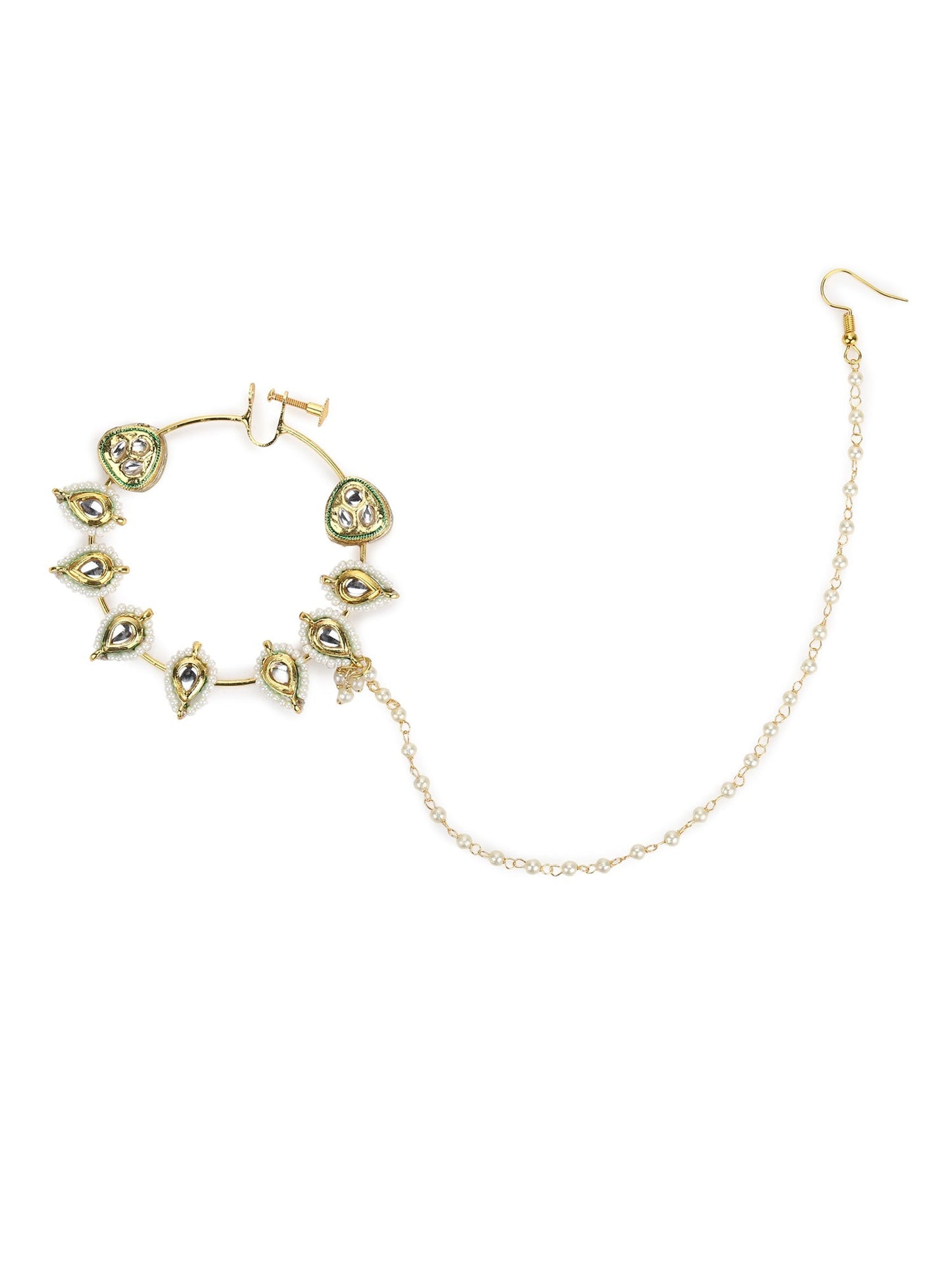 White Gold-Toned Plated Kundan Vilandi Chained Nose Ring - Ruby Raang