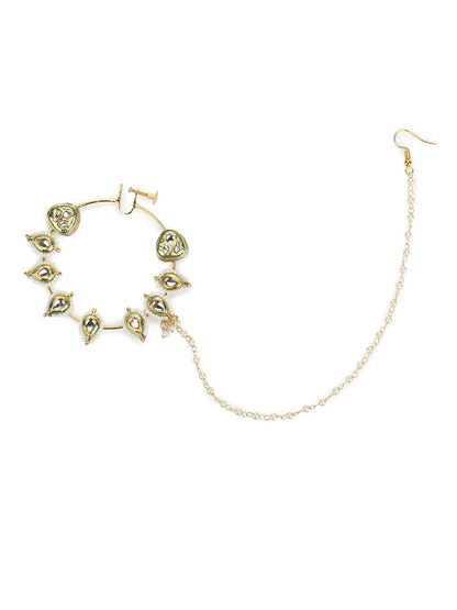 White Gold-Toned Plated Kundan Vilandi Chained Nose Ring - Ruby Raang