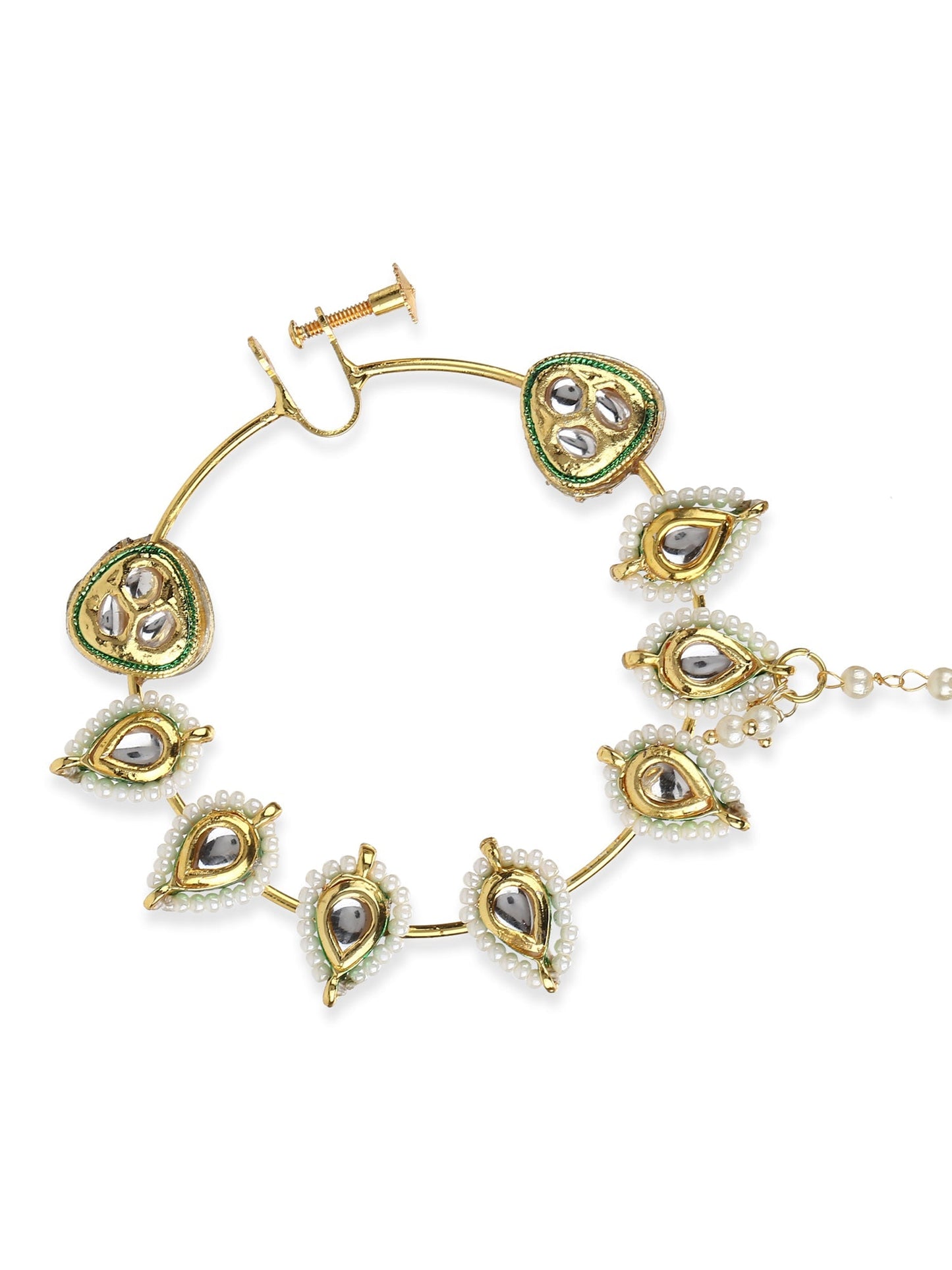 White Gold-Toned Plated Kundan Vilandi Chained Nose Ring - Ruby Raang