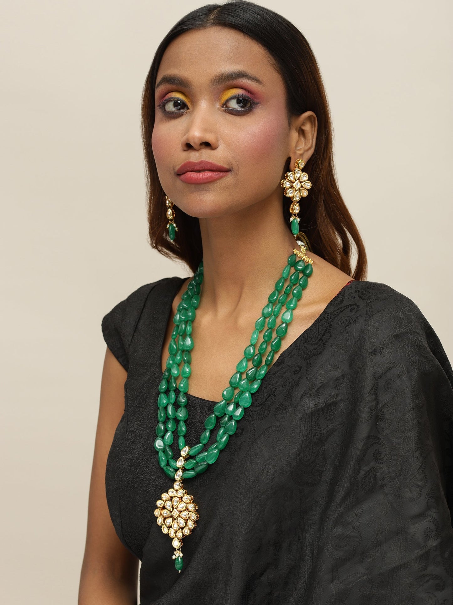 Green Gold-Polished Long Kundan Jewellery Set - Ruby Raang