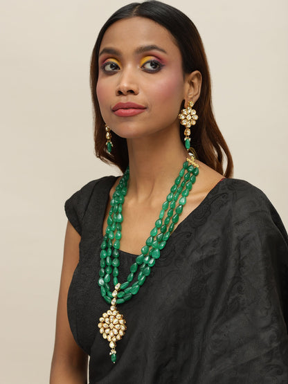 Green Gold-Polished Long Kundan Jewellery Set - Ruby Raang