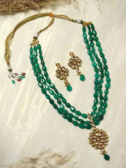Green Gold-Polished Long Kundan Jewellery Set - Ruby Raang