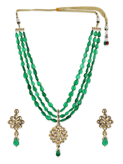 Green Gold-Polished Long Kundan Jewellery Set - Ruby Raang