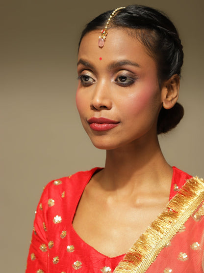 Gold-Polished Red Kundan-Studded Handcrafted Maang Tikka - Ruby Raang