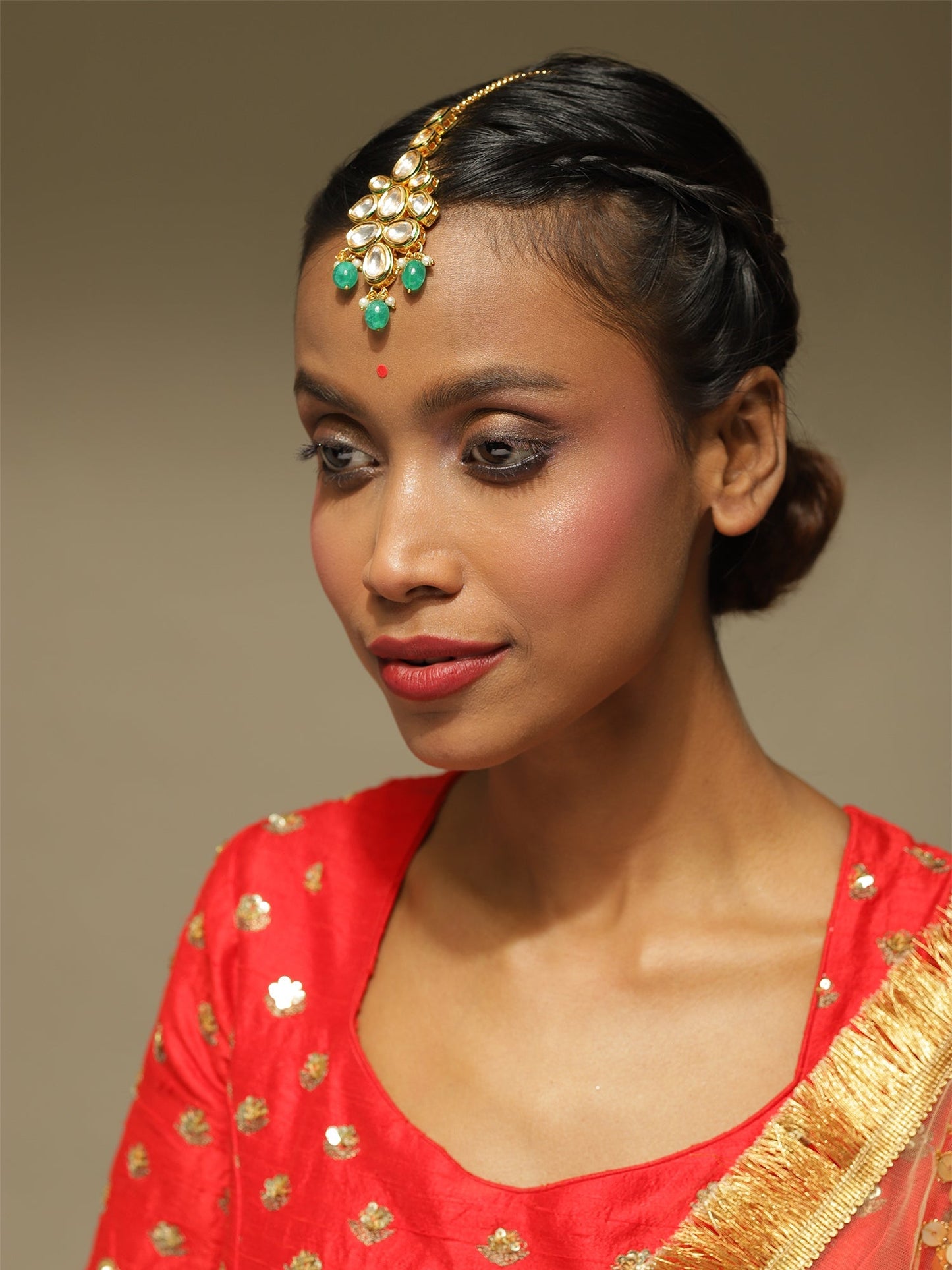 Gold-Polished Green White Kundan-Studded Maang Tikka - Ruby Raang