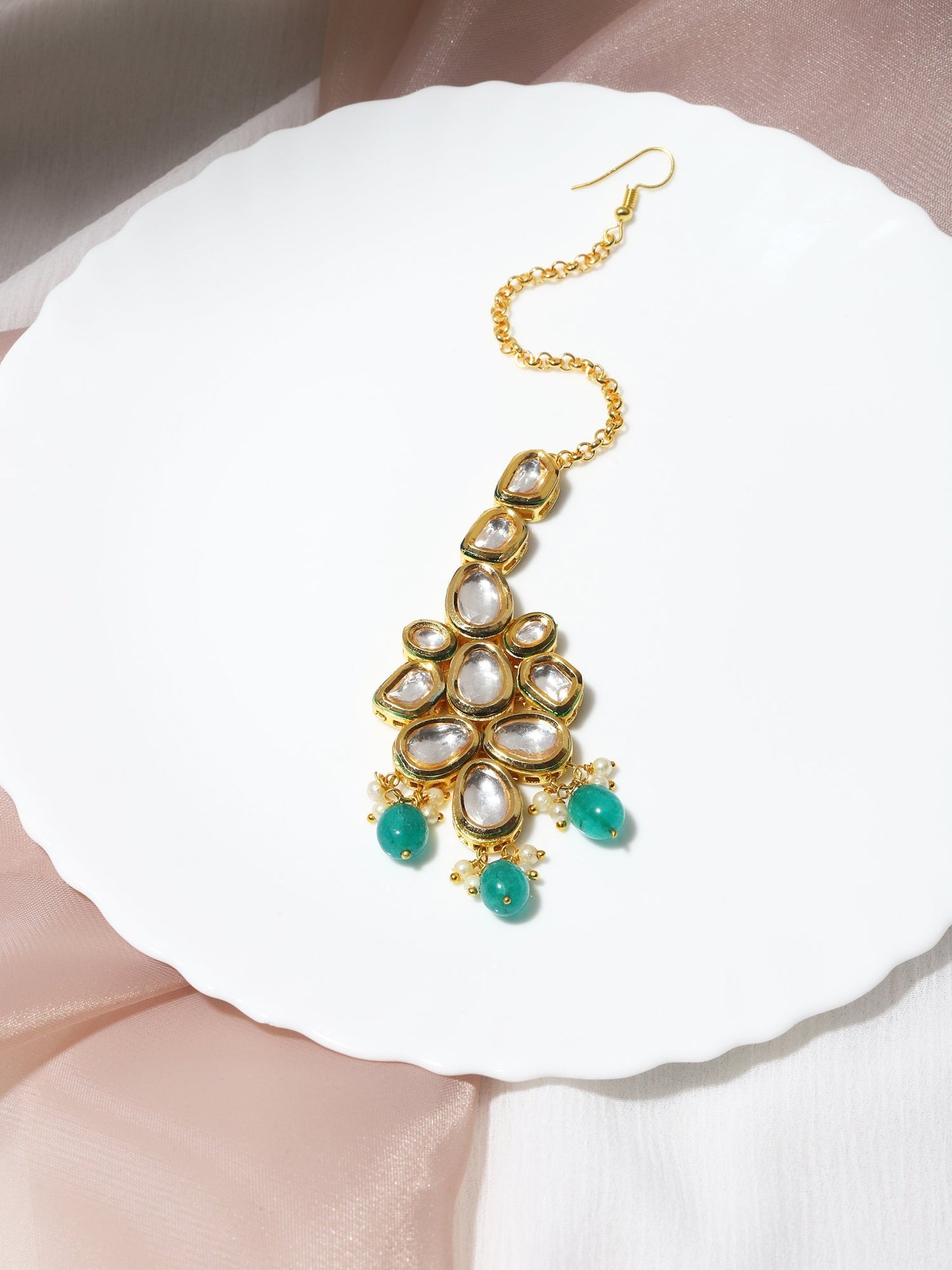 Gold-Polished Green White Kundan-Studded Maang Tikka - Ruby Raang
