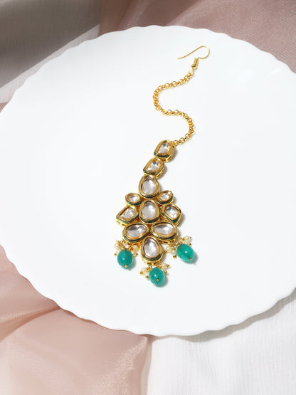 Gold-Polished Green White Kundan-Studded Maang Tikka - Ruby Raang