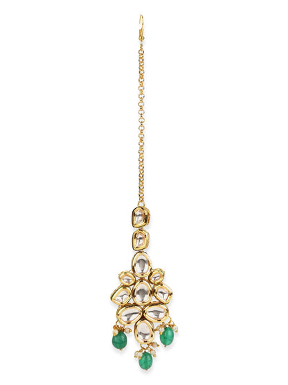 Gold-Polished Green White Kundan-Studded Maang Tikka - Ruby Raang