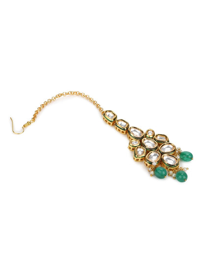 Gold-Polished Green White Kundan-Studded Maang Tikka - Ruby Raang