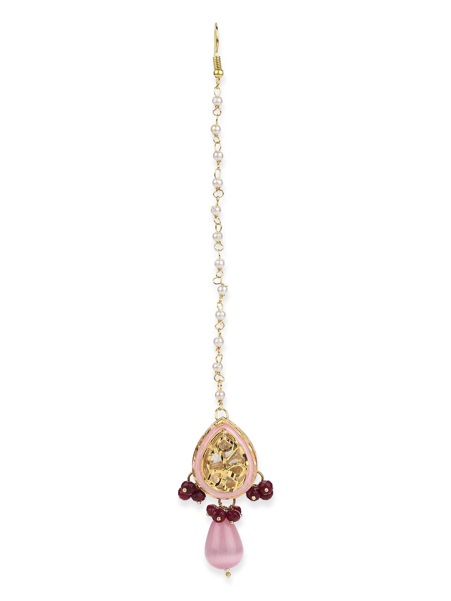 Pink Gold-Polished Kundan Studded Maang Tikka - Ruby Raang