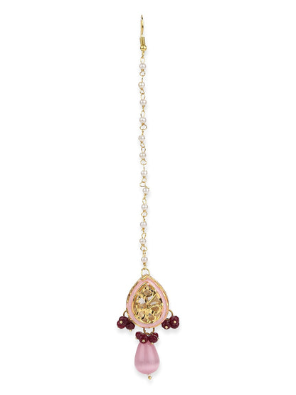 Pink Gold-Polished Kundan Studded Maang Tikka - Ruby Raang