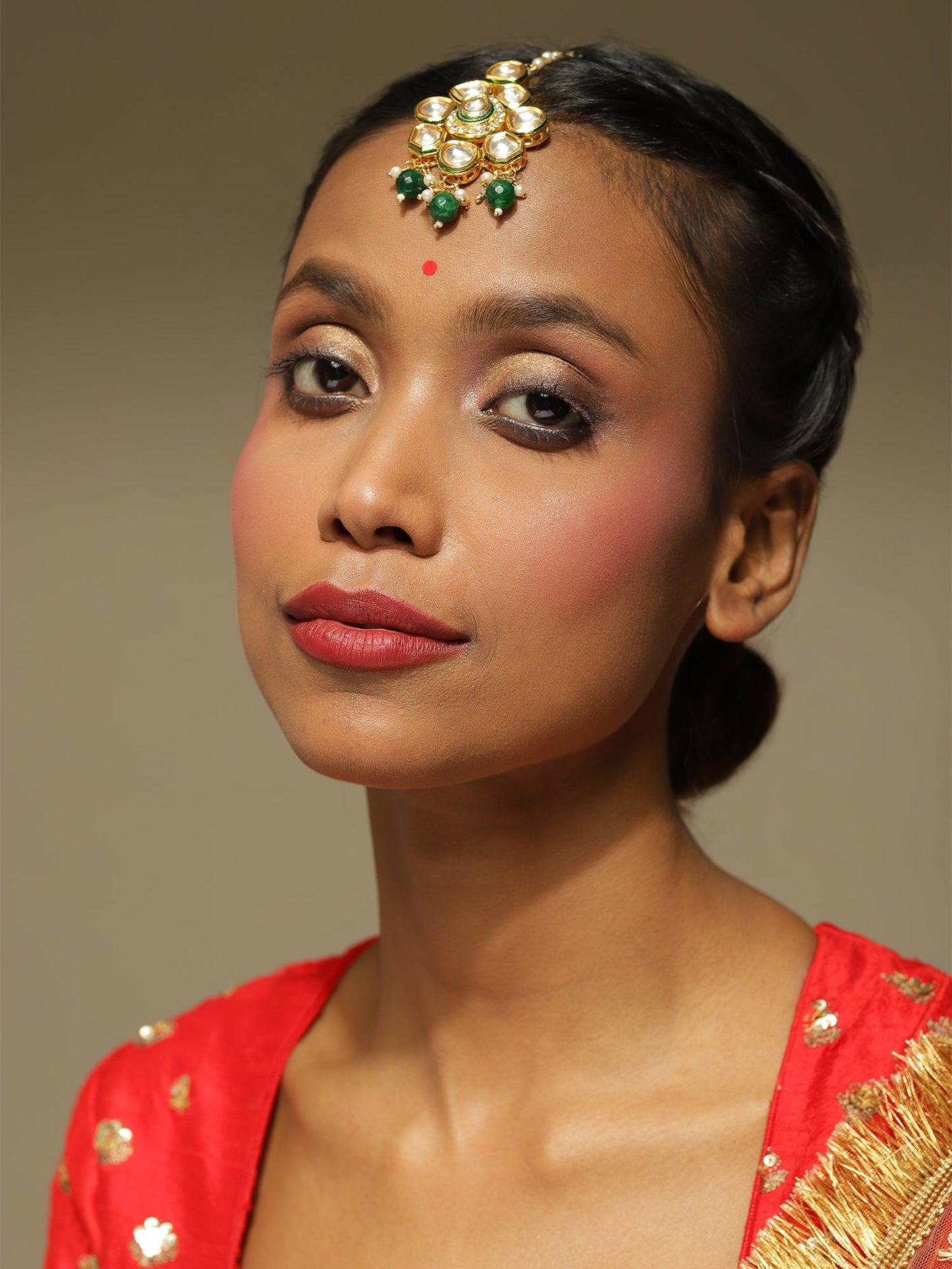 Gold-Polished Green Kundan-Studded Maang Tikka - Ruby Raang