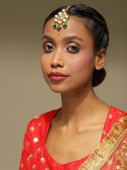 Gold-Polished Green Kundan-Studded Maang Tikka - Ruby Raang
