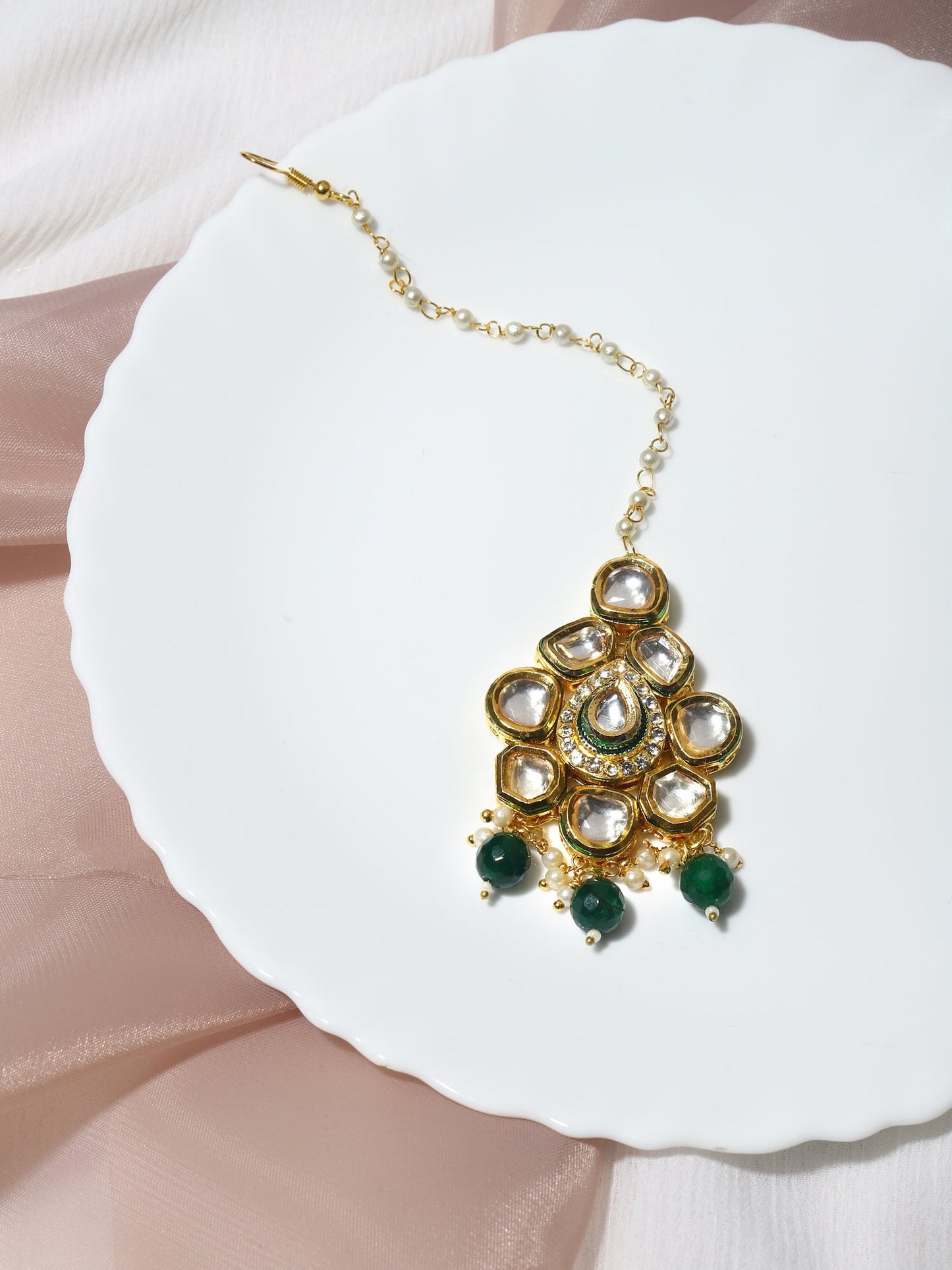 Gold-Polished Green Kundan-Studded Maang Tikka - Ruby Raang