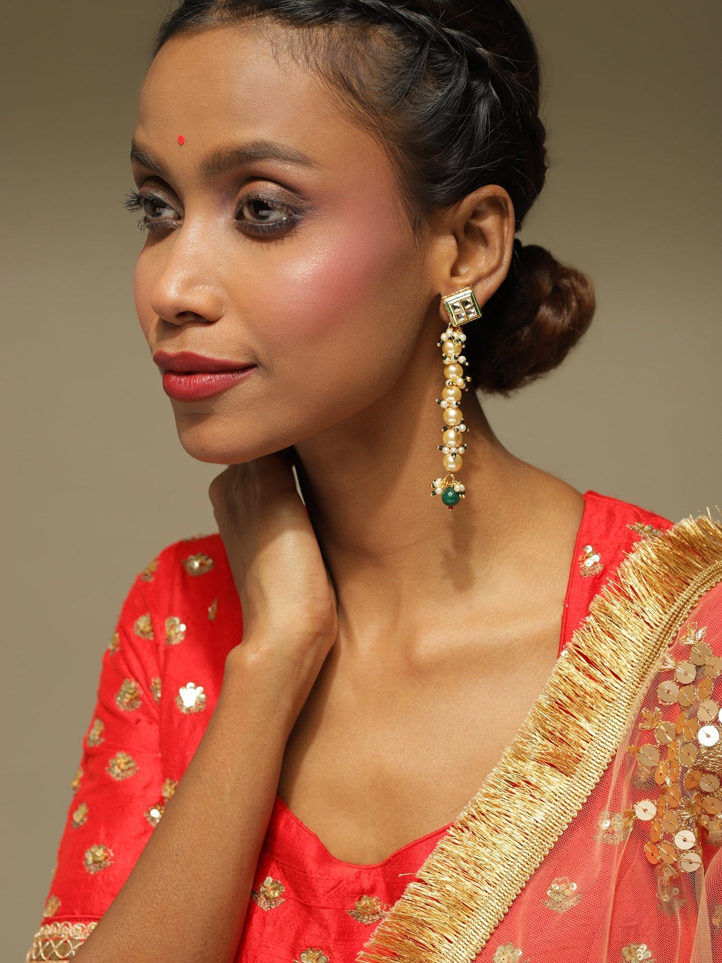 Cream-Coloured Green Gold-Polished Kundan Studded Contemporary Drop Earrings - Ruby Raang