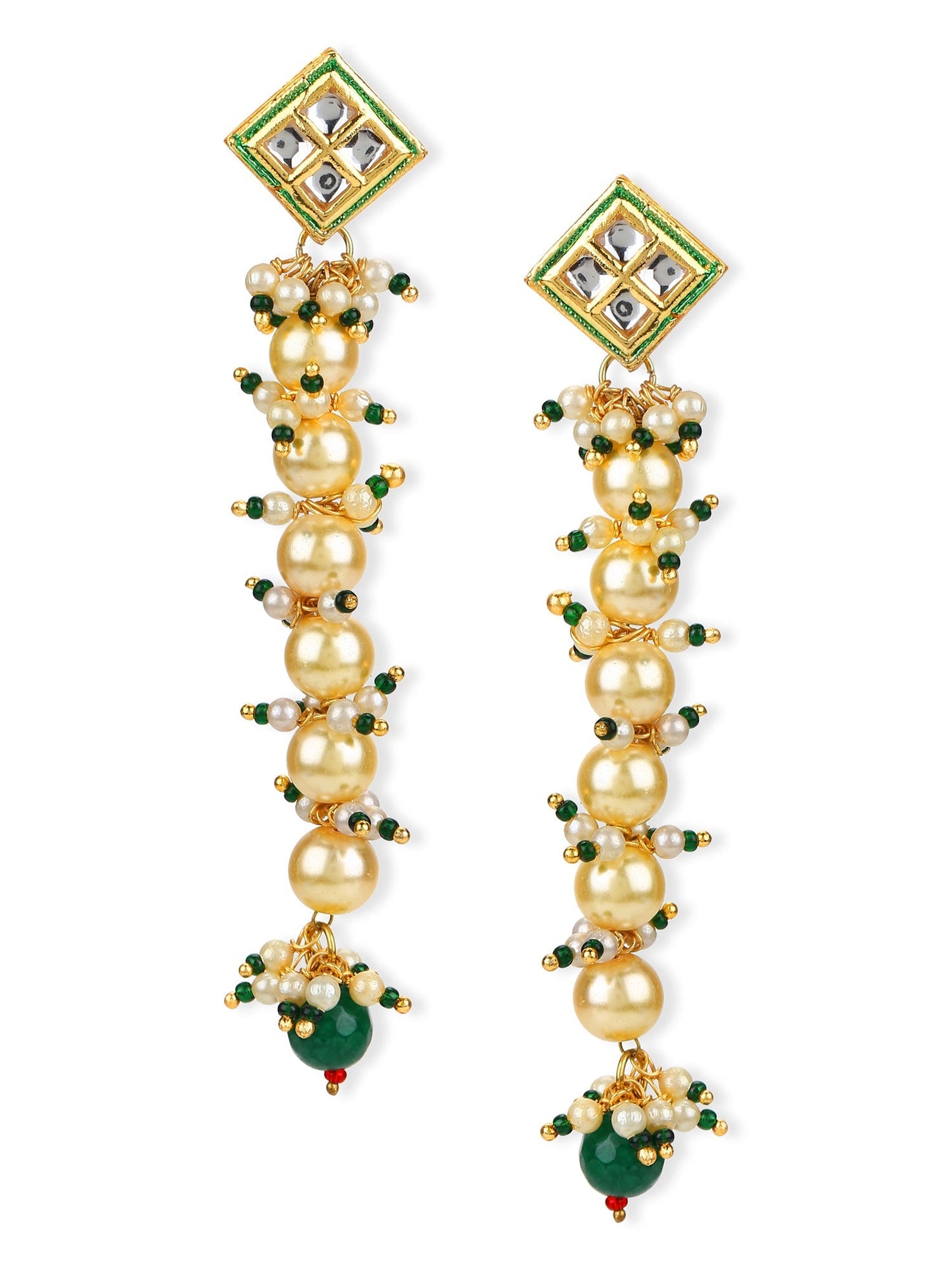 Cream-Coloured Green Gold-Polished Kundan Studded Contemporary Drop Earrings - Ruby Raang