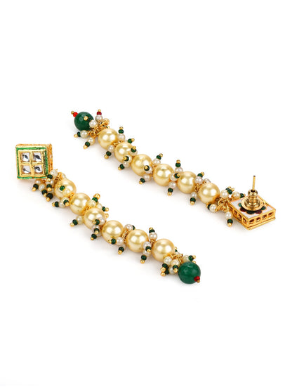 Cream-Coloured Green Gold-Polished Kundan Studded Contemporary Drop Earrings - Ruby Raang
