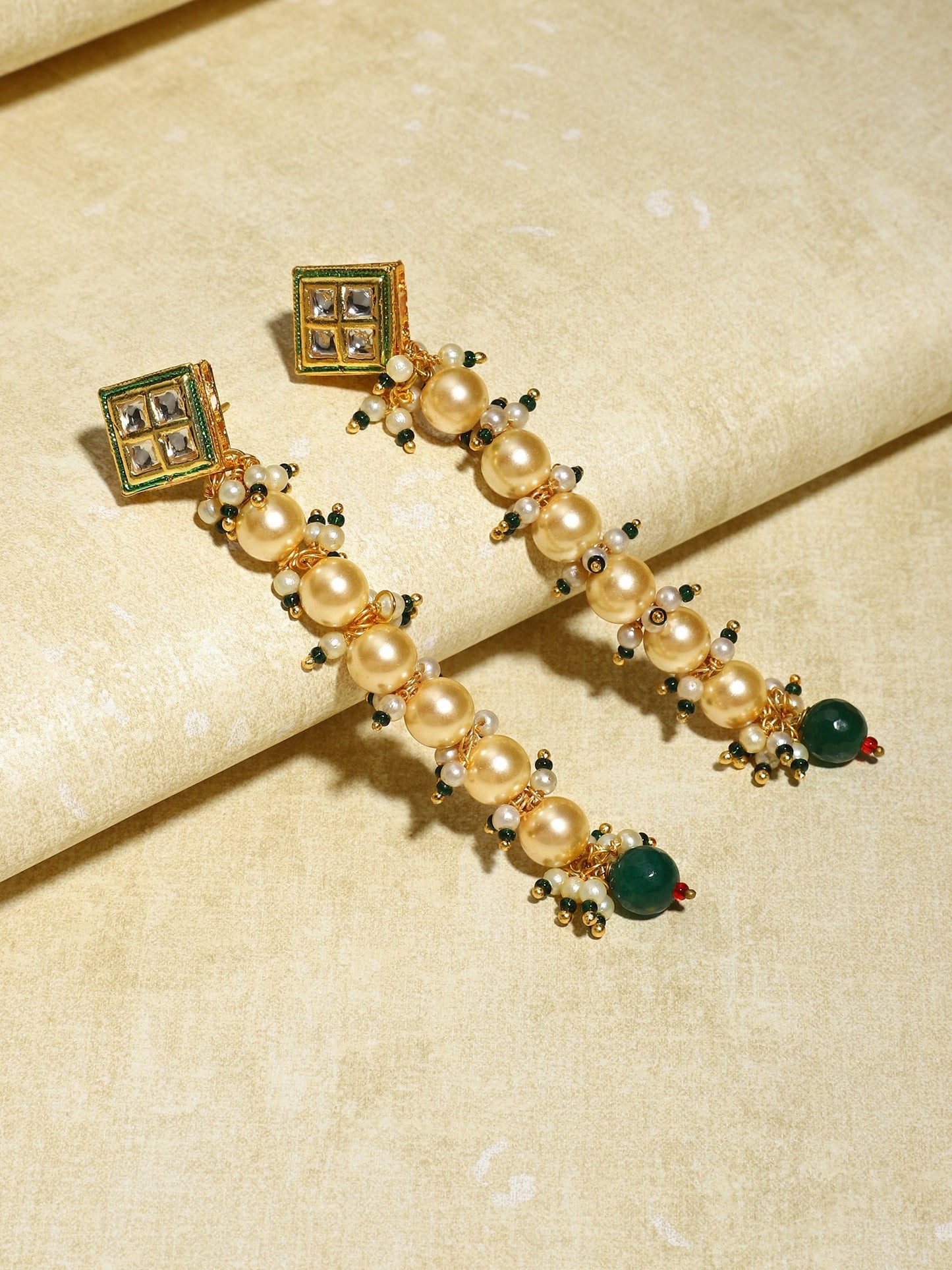 Cream-Coloured Green Gold-Polished Kundan Studded Contemporary Drop Earrings - Ruby Raang