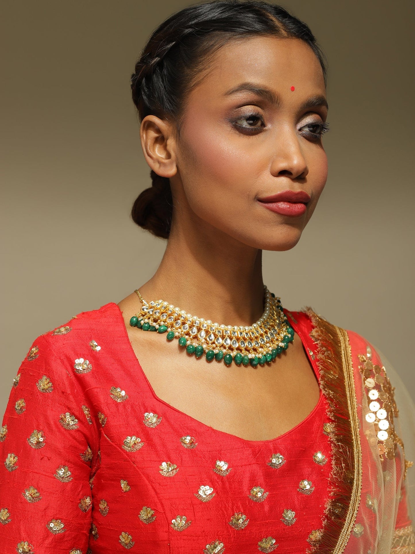 Gold-Polished Green Kundan Studded Brass Necklace - Ruby Raang