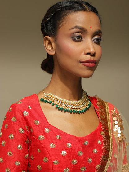 Gold-Polished Green Kundan Studded Brass Necklace - Ruby Raang
