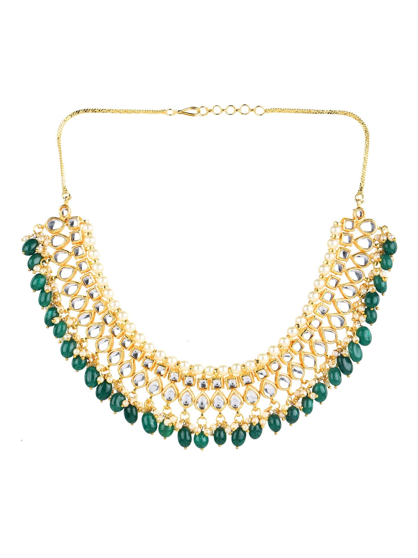 Gold-Polished Green Kundan Studded Brass Necklace - Ruby Raang