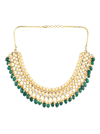 Gold-Polished Green Kundan Studded Brass Necklace - Ruby Raang